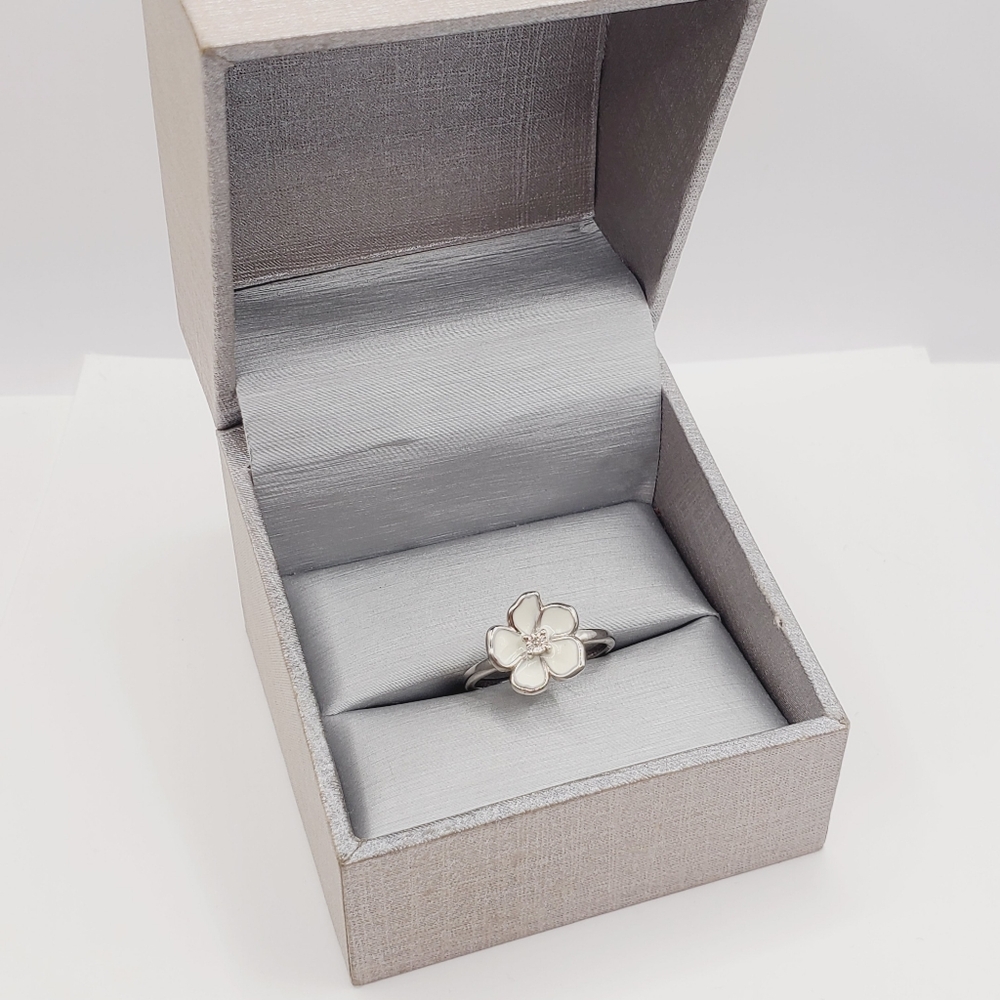 Flower Ring Genuine Diamond Ring White Enamel Ring 925 Sterling Silver Ring - Picture 8 of 8